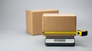 Kraft corrugated box on a digital shipping scale with a tape measure showing its dimensions