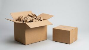 An oversized open box full of packing paper beside a compact taped box, showing right-sized packaging